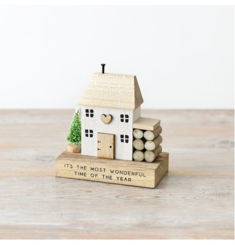 Festive Wooden House Block with Firewood, 12cm