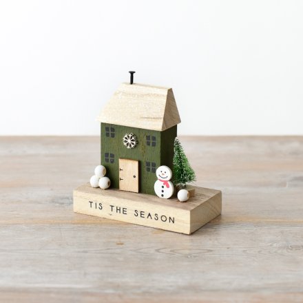 Green Wooden House Block with Snowman
