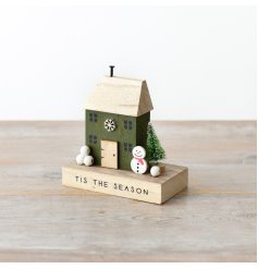 Dark Green Wooden House Block with Snowman