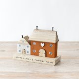 Autumn leaves and pumpkins please. A charming wooden house scene with sentiment slogan. 