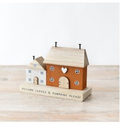 Autumn leaves and pumpkins please. A charming wooden house scene with sentiment slogan. 