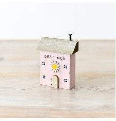 Pink 'Best Mum' Wooden House 8.5cm