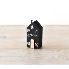 A must have seasonal gift and decoration. A beautifully crafted wooden house with unique dainty details and SPOOKY sign