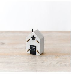 A unique miniature wooden halloween house with fantastic 3D details and seasonal slogan. 