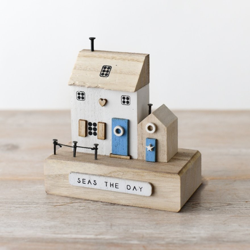 Wooden 'Seas the Day' Coastal House, 13.5cm 