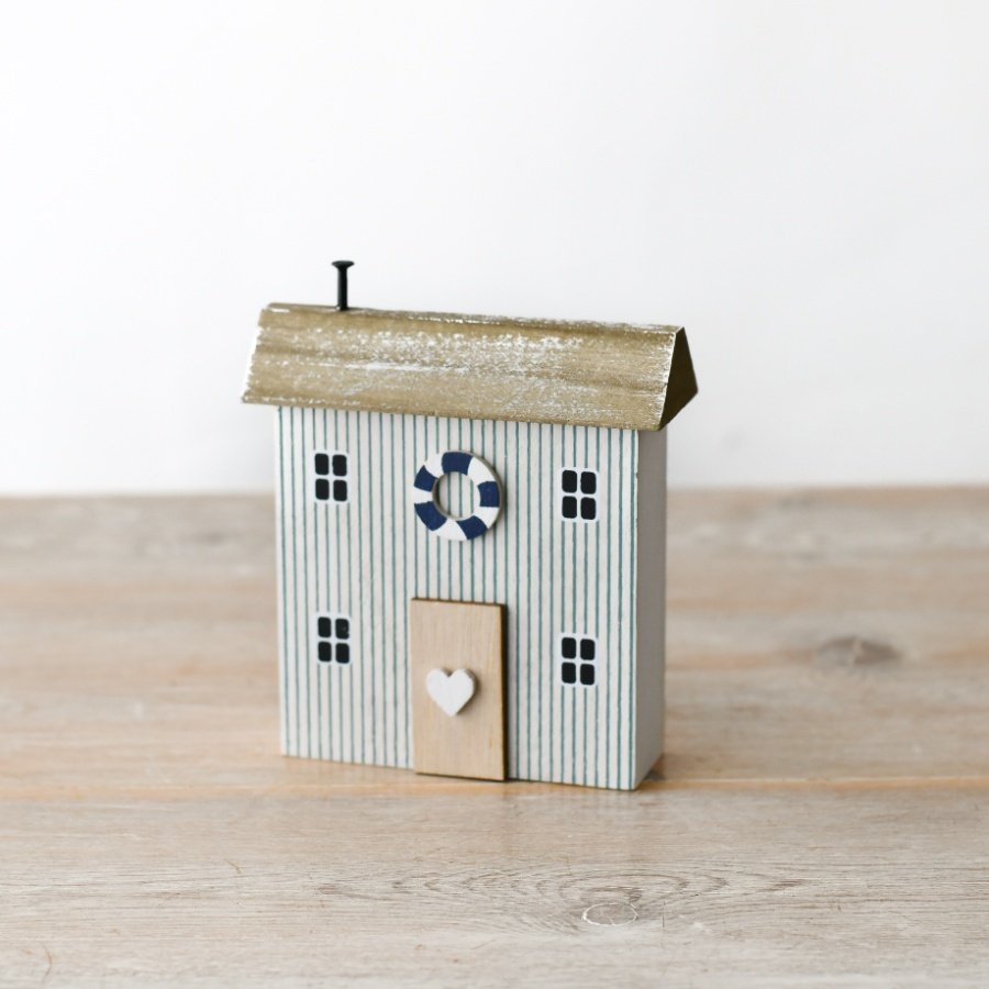 Coastal Wooden Striped House Decoration, 12cm