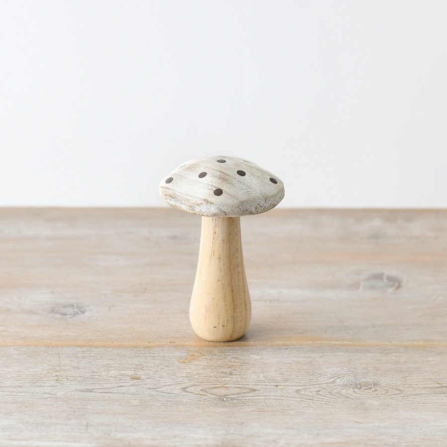 Whitewash Wooden Mushroom w/ Gold Spots 12cm