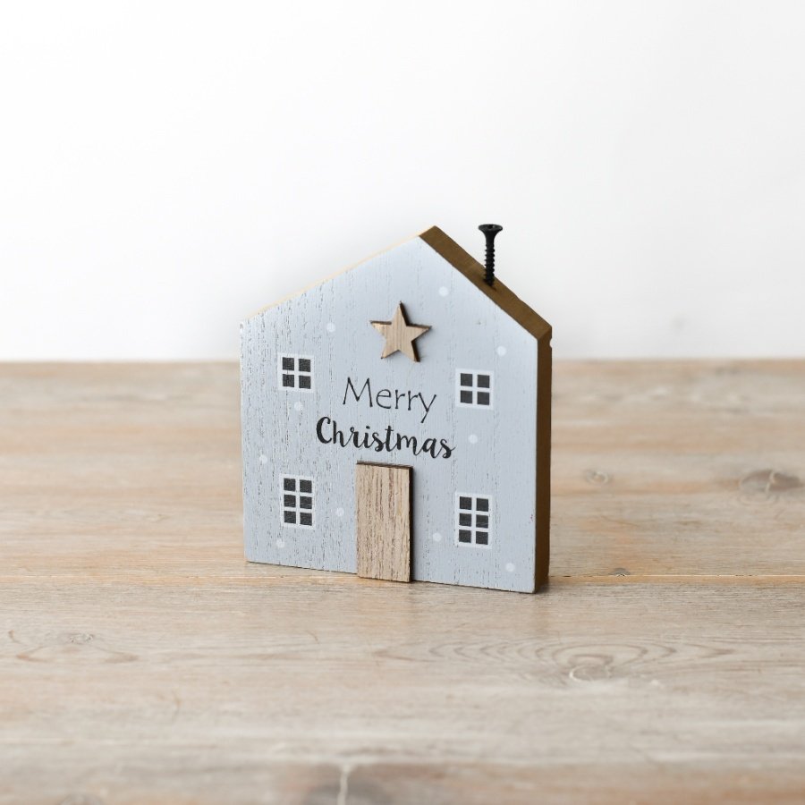 Wooden Merry Christmas House Deco, 11cm