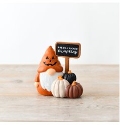 A colourful and cute seasonal ornament. Beautifully detailed with a chalkboard style sign and miniature pumpkins. 