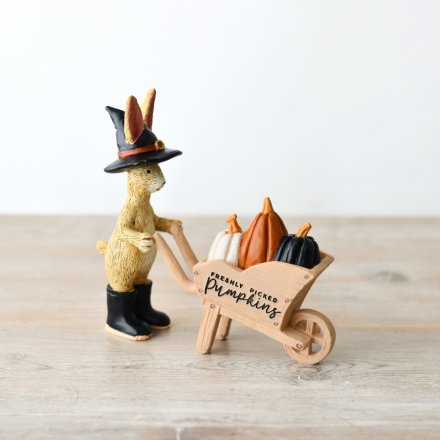 Halloweeen Rabbit & Pumpkin Wheelbarrow, 14cm