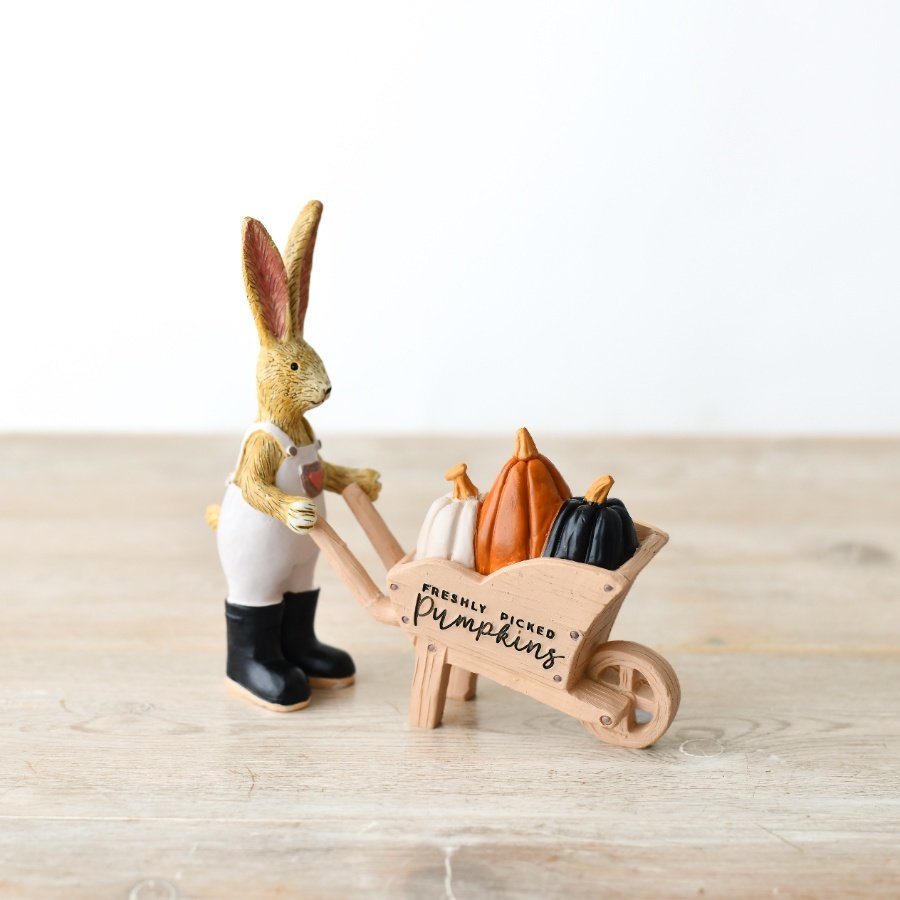 Add a touch of Autumnal sparkle to the home with this utterly cute rabbit dressed in overalls with a wheelbarrow