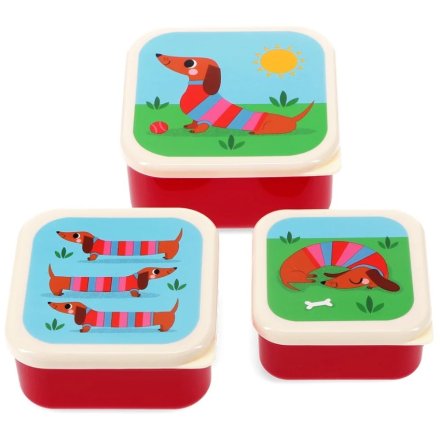 A set of 3 stackable snack boxes in a charming Sausage dog design. 
