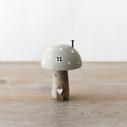 A charming wooden mushroom house with painted details and 3D elements. A must have, unique decoration. 