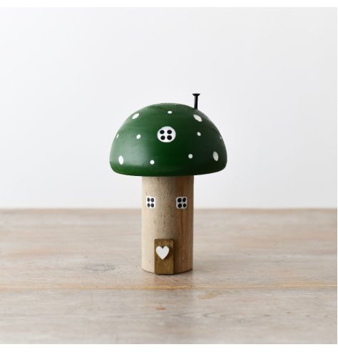 Enchant your holiday decor with our delightful Wooden Green Mushroom House, inspired by the enchanting woodland.