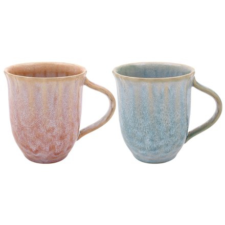 Reactive Glaze Coral And Blue Mugs - Set of 2
