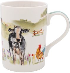 A delightful farmyard mug showcasing a watercolor design with a cow and chicken,