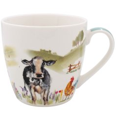 A charming and adorable breakfast mug showcasing a watercolor farmyard design.