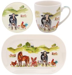 A delightful and charming farmyard set featuring a mug, coaster and tray.