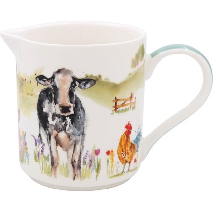 A wonderful and charming farmyard jug featuring a watercolour design of a farm complete with a cow, sheep and cockerel.