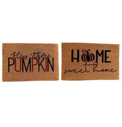 2 assorted seasonal doormats with pumpkin accents and scripted text. 