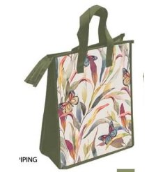 A stylish cooler bag featuring a pretty butterfly design with green piping detailing.  