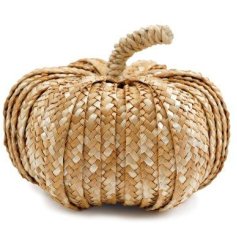 A chic pumpkin ornament crafted from woven wicker