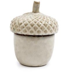 A ceramic pot in stylish neutral tones with acorn inspired design, perfect for adding a touch of nature to your home. 