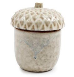 A ceramic lidded pot with a sweet acorn design featuring textured finish and neutral tones. 