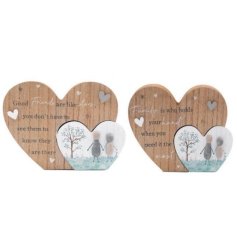 Wooden plaques with sentimental quotes and sweet pebble designs on a heart shaped plaque. 
