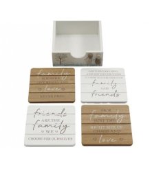 Coaster holder with 4 coaster each featuring a different quote about family and friends. 