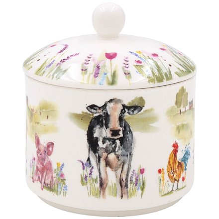 Made from fine China, this sugar bowl features a delightful farmyard scene with a cow, pig and cockerel.