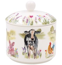 Made from fine China, this sugar bowl features a delightful farmyard scene with a cow, pig and cockerel.