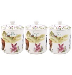 The charming Farmyard Tea Coffee And Sugar jars, perfect for adding a touch of countryside charm to your kitchen.