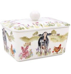 Made from Fine China, this butter dish features a delightful farmyard design with hand-painted details.