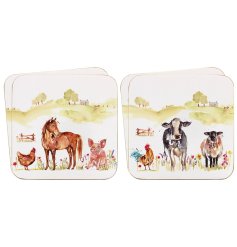 Set of 4 coasters featuring delightful illustrations of farm animals such as cows, pigs, chickens and sheep