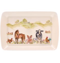 This tray features a charming farmyard design that will add a touch of rustic charm to your home.