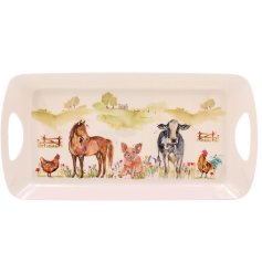 This countrystyle tray with a farmyard scene design is just the right size for placing a hot drink and a selection of bi