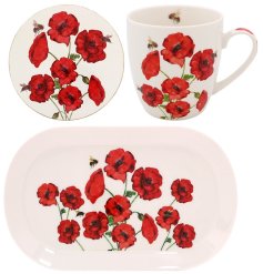 A collection of kitchenware adorned with poppy designs