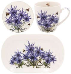 This Thistle design fine China mug, coaster and tray set is a charming gift or beautiful addition to your home.