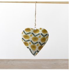 A bold and beautiful wild flower design heart in a rich yellow hue. Complete with a jute string hanger.