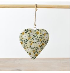 A chic metal heart decorated with a printed floral motif in fresh Spring colours. A lovely gift item and interior accent