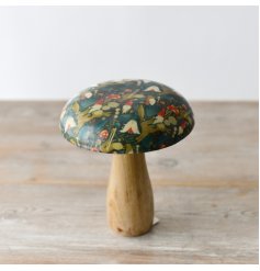 A unique wooden mushroom with a highly decorated enchanted forrest design with gnomes and toadstools. 