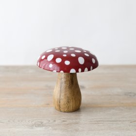 An enchanting toadstool ornament of the home. With a mango wood base and richly coloured enamel cap with an irregular 