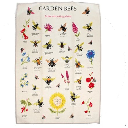 A bright and colourful tea towel showcasing different garden bees and flowers that attract bees. 