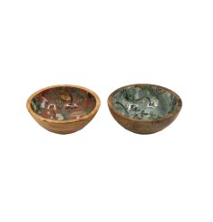 An enchanting variety of wooden bowls, each adorned with a glazed enamel finish and featuring a whimsical mushroom fores