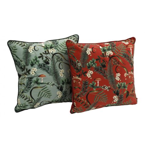A mix of 2 beautifully designed mushroom themed cushions in rich red and green earthy tones. 