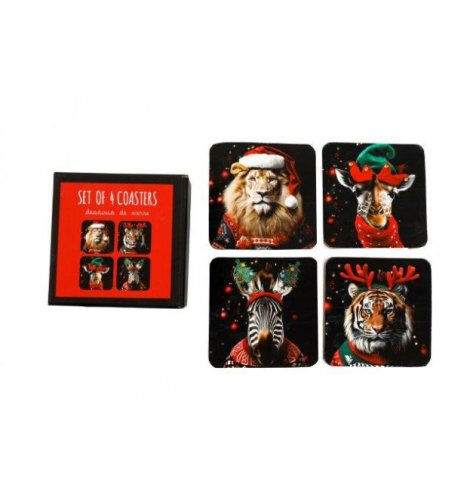 Set of 4 Animals with Christmas Hats Coasters, 10cm