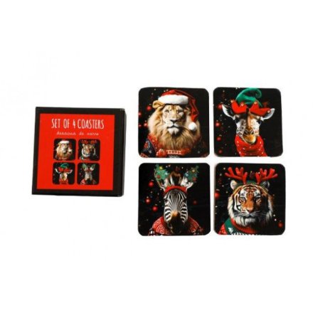 Set of 4 Animals with Christmas Hats Coasters, 10cm