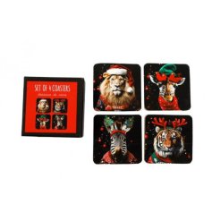 Set of 4 Christmas Animal Coasters, 10cm