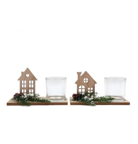 Wooden House W/t-light Holder & Foliage 2/a